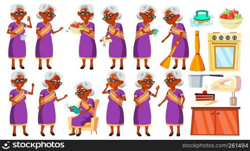 Indian Old Woman In Sari Poses Set Vector. Elderly People. Hindu. Asian. Senior Person. Aged. Cheerful Grandparent. Presentation, Invitation, Card Design. Isolated Illustration. Indian Old Woman In Sari Poses Set Vector. Elderly People. Hindu. Asian. Senior Person. Aged. Cheerful Grandparent. Presentation, Invitation, Card Design. Isolated Cartoon Illustration