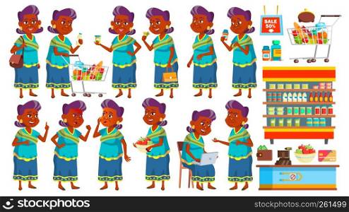 Indian Old Woman Poses Set Vector. Elderly People Shopping. Hindu. Asian. Senior Person In Sari. Aged. Beautiful Retiree. Life. Presentation, Print, Invitation Design Isolated Illustration. Indian Old Woman Poses Set Vector. Elderly People Shopping. Hindu. Asian. Senior Person In Sari. Aged. Beautiful Retiree. Life. Presentation, Print, Invitation Design. Isolated Cartoon Illustration
