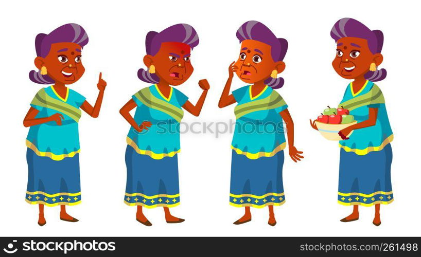 Indian Old Woman Set Vector. Elderly People. Hindu. Asian In Sari. Senior Person. Aged. Funny Pensioner. Leisure. Postcard, Announcement Cover Design Isolated Illustration. Indian Old Woman Set Vector. Elderly People. Hindu. Asian In Sari. Senior Person. Aged. Funny Pensioner. Leisure. Postcard, Announcement, Cover Design. Isolated Cartoon Illustration