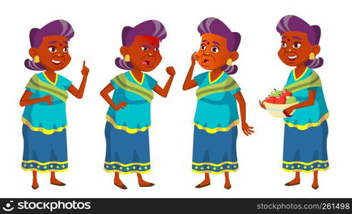 Indian Old Woman Set Vector. Elderly People. Hindu. Asian In Sari. Senior Person. Aged. Funny Pensioner. Leisure. Postcard, Announcement Cover Design Isolated Illustration. Indian Old Woman Set Vector. Elderly People. Hindu. Asian In Sari. Senior Person. Aged. Funny Pensioner. Leisure. Postcard, Announcement, Cover Design. Isolated Cartoon Illustration