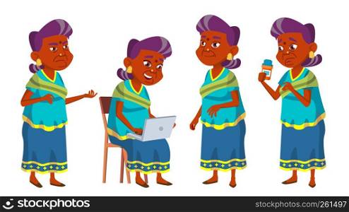 Indian Old Woman Set Vector. Elderly People. Hindu In Sari. Senior Person. Aged. Friendly Grandparent. Web, Poster, Booklet Design. Isolated Illustration. Indian Old Woman Set Vector. Elderly People. Hindu In Sari. Senior Person. Aged. Friendly Grandparent. Web, Poster, Booklet Design. Isolated Cartoon Illustration