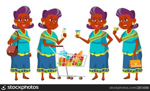 Indian Old Woman Shopping Vector. Elderly People. Hindu In Sari. Asian. Senior Person. Aged. Caucasian Retiree. Smile. Advertisement, Greeting Announcement Design Isolated Illustration. Indian Old Woman Shopping Vector. Elderly People. Hindu In Sari. Asian. Senior Person. Aged. Caucasian Retiree. Smile. Advertisement, Greeting, Announcement Design. Isolated Cartoon Illustration