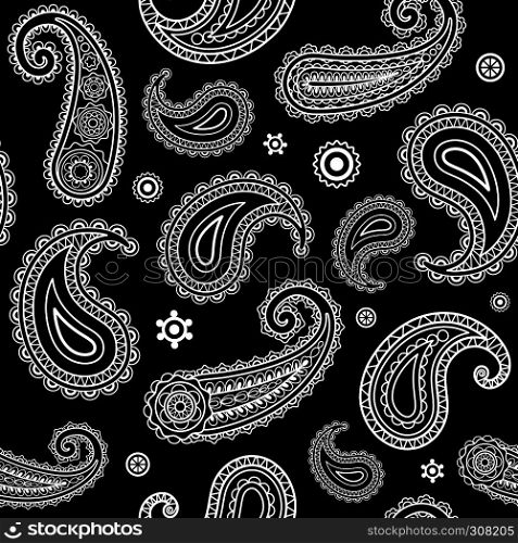 Indian paisley pattern hand-drawn vector background white on black. Indian paisley pattern