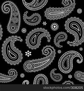 Indian paisley pattern hand-drawn vector background white on black. Indian paisley pattern