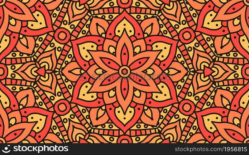 Indian pattern for fabric design. Vector seamless pattern. Oriental abstract orange background.. Oriental abstract orange floral print. Indian mandala pattern seamless vector design. Vector seamless pattern for fabrique.