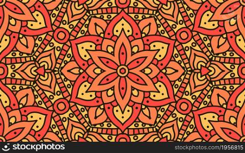 Indian pattern for fabric design. Vector seamless pattern. Oriental abstract orange background.. Oriental abstract orange floral print. Indian mandala pattern seamless vector design. Vector seamless pattern for fabrique.