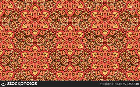Indian pattern for fabric design. Vector seamless pattern. Oriental abstract orange background.. Vector seamless pattern for fabrique. Indian mandala pattern seamless vector design. Oriental abstract orange floral print.