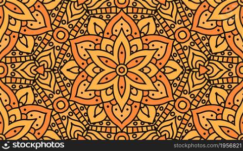 Indian pattern for fabric design. Vector seamless pattern. Oriental abstract orange background.. Abstract orange floral print. Indian mandala pattern seamless vector design. Vector seamless pattern for fabrique.