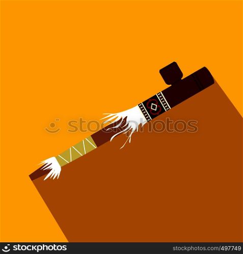 Indian peace pipe flat icon on a yellow background. Indian peace pipe flat icon