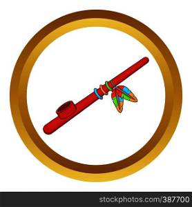 Indian peace pipe vector icon in golden circle, cartoon style isolated on white background. Indian peace pipe vector icon