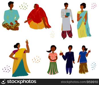 Indian people dressed for diwali celebration Indian festival. Vector illustration.. Indian people dressed for diwali celebration.