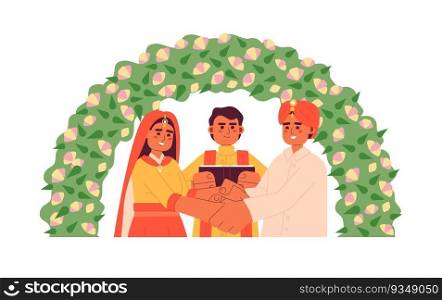 Indian prayer officiating bride groom hindu wedding semi flat colorful vector characters. Ceremonial event. Editable half body people on white. Simple cartoon spot illustration for web graphic design. Indian prayer officiating bride groom hindu wedding semi flat colorful vector characters