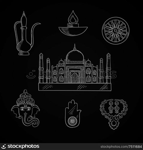 Indian religion and culture symbols with Ganesha God, ashoka Chakra wheel and hamsa hand amulet, brass teapot and ethnic jewelry, Diwali lamp and Taj Mahal temple. Indian religion and culture symbols
