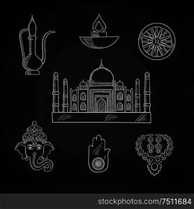 Indian religion and culture symbols with Ganesha God, ashoka Chakra wheel and hamsa hand amulet, brass teapot and ethnic jewelry, Diwali lamp and Taj Mahal temple. Indian religion and culture symbols