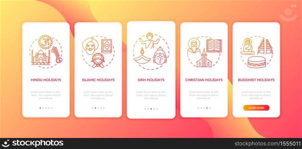 Indian religious holidays onboarding mobile app page screen with concepts. Buddhist holidays. Walkthrough 5 steps graphic instructions. UI vector template with RGB color illustrations. Indian religious holidays onboarding mobile app page screen with concepts