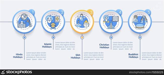 Indian religious holidays vector infographic template. Buddhist holidays. Presentation design elements. Data visualization with 5 steps. Process timeline chart. Workflow layout with linear icons. Indian religious holidays vector infographic template