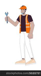 Indian repairman construction worker 2D linear cartoon character. South asian male contractor hardhat isolated line vector person white background. Holding wrench color flat spot illustration. Indian repairman construction worker 2D linear cartoon character