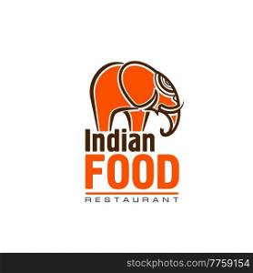 Indian restaurant food vector icon of orange elephant animal with curved tusk, trunk and paisley ornament. Asian cuisine restaurant, ethnic cafe or bistro, bar and buffet isolated symbol. Indian restaurant icon, orange elephant and trunk