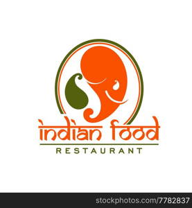 Indian restaurant icon with elephant head in leaf or chilli pepper shape and Hindi typography. Asian country food cafe or restaurant graphic icon, abstract vector emblem with Indian elephant and spice. Indian restaurant vector icon with elephant head
