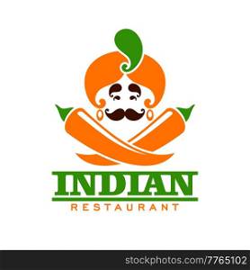 Indian restaurant icon with Hindu and peppers, vector India cuisine food and kitchen emblem. Indian cuisine Maharajah in turban with chili peppers, guru chef curry bar or vegetarian cafe sign. Indian cuisine restaurant icon, Hindu chef turban