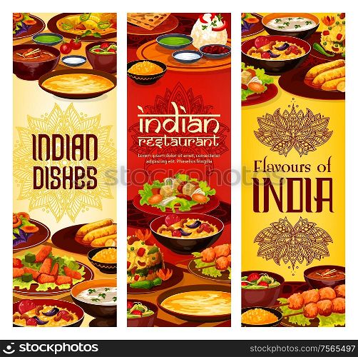 Indian restaurant menu covers, traditional India cuisine food dishes. Vector Indian meal vegetarian vegetables with curry rice, meat and fish skewers and tandoori, shorba soup and desserts. Indian food menu covers, authentic India dishes