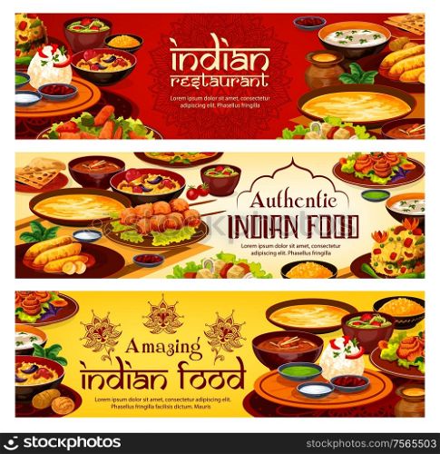 Indian restaurant menu, traditional India cuisine food banners. Vector Indian meal banners, vegetarian vegetables with curry rice, meat and fish with masala tandoori plate. Indian food menu, authentic India restaurant dish