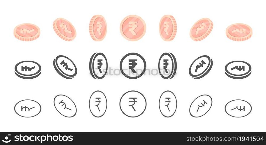 Indian Rupee Coins. Rotation of icons at different angles for animation. Coins in isometric. Vector illustration