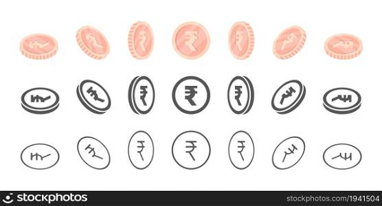 Indian Rupee Coins. Rotation of icons at different angles for animation. Coins in isometric. Vector illustration
