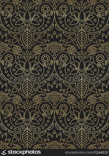 Indian seamless pattern with indian ornament paisley, lotus and flower golden gradient on black background