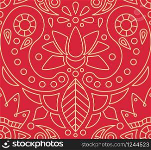 Indian seamless pattern with paisley and lotus ornament on red background