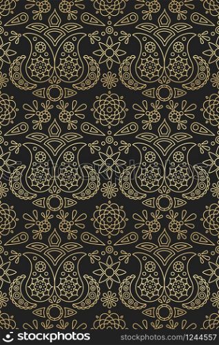 Indian seamless pattern with paisley and mandala ornament golden gradient on black background