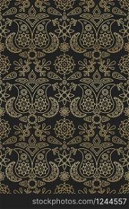 Indian seamless pattern with paisley and mandala ornament golden gradient on black background