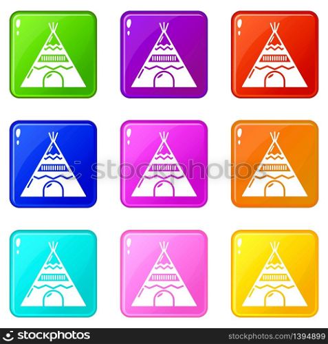 Indian tent icons set 9 color collection isolated on white for any design. Indian tent icons set 9 color collection