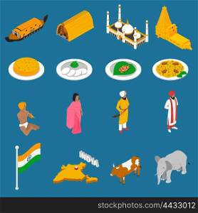 Indian Touristic Attractions Isometric Icons Collection . Indian spiritual and cultural symbols folk costumes and spicy cuisine isometric icons collection abstract isolated vector illustration