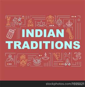 Indian traditions word concepts banner. Ntional and religious holidays of India infographics with linear icons on purple background. Isolated typography. Vector outline RGB color illustration. Indian traditions word concepts banner