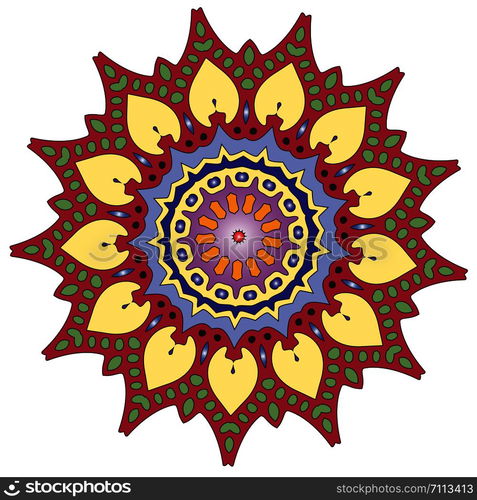 Indian vector and decorative coloring mandala, mix of symmetric colorful flowers and shapes, repeated pattern and geometrical ornament illustrations, perfect for coloring books, tattoos, clothing design and phone cases, antique then print fabrics and Christmas, wedding party, and also it?s helpful for yoga and meditation