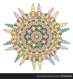 Indian vector and decorative coloring mandala, mix of symmetric unicorn flowers and symbols, repeated pattern and geometrical ornament illustrations, perfect for coloring books, tattoos, clothing design and phone cases, antique then print fabrics and Christmas, wedding party, and also it?s helpful for yoga and meditation, greeting and poster card
