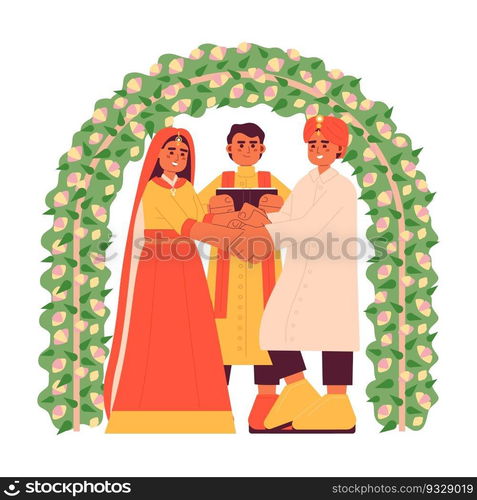 Indian wedding ceremony flat concept vector spot illustration. Bride groom. Hindu couple 2D cartoon characters on white for web UI design. Arranged marriage isolated editable creative hero image. Indian wedding ceremony flat concept vector spot illustration