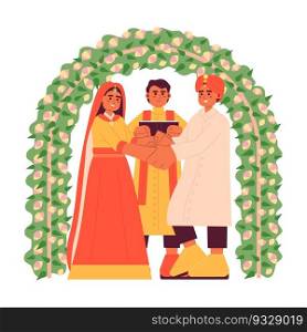 Indian wedding ceremony flat concept vector spot illustration. Bride groom. Hindu couple 2D cartoon characters on white for web UI design. Arranged marriage isolated editable creative hero image. Indian wedding ceremony flat concept vector spot illustration