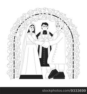 Indian wedding ceremony monochrome concept vector spot illustration. Hindu bride and groom 2D flat bw cartoon characters for web UI design. Arranged marriage isolated editable hand drawn hero image. Indian wedding ceremony monochrome concept vector spot illustration