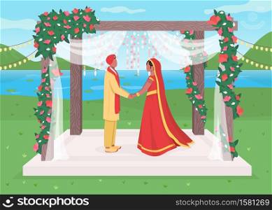 Indian wedding flat color vector illustration. Traditional oriental ceremony. Engagement under flower arch. Celebratory venue. Bride and groom 2D cartoon characters with landscape on background. Indian wedding flat color vector illustration