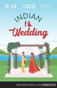 Indian wedding invitation flat vector template. Hindu couple engagement celebration. Brochure, booklet one page concept design with cartoon characters. Marriage ceremony flyer, leaflet. Indian wedding ceremony invitation flat vector template