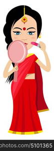 Indian woman doing make up, illustration, vector on white background.