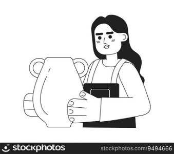 Indian woman holding handmade amphora monochromatic flat vector character. Pottery hobby. Editable thin line half body girl in workshop on white. Simple bw cartoon spot image for web graphic design. Indian woman holding handmade amphora monochromatic flat vector character
