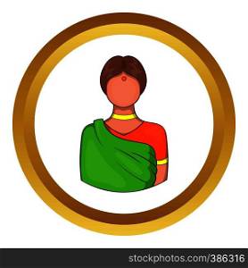 Indian woman in traditional Indian sari vector icon in golden circle, cartoon style isolated on white background. Indian woman vector icon