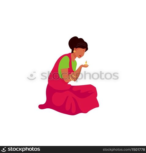 Indian woman light candle flat color vector faceless character. Religious ceremony. Woman perform puja ritual. Teej festival isolated cartoon illustration for web graphic design and animation. Indian woman light candle flat color vector faceless character