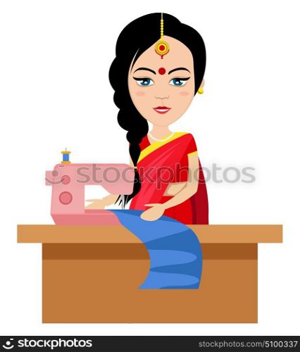Indian woman making clothes , illustration, vector on white background.
