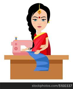 Indian woman making clothes , illustration, vector on white background.