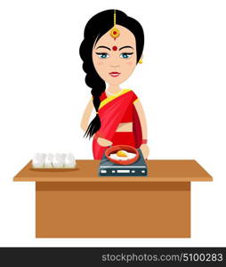 Indian woman making eggs , illustration, vector on white background.