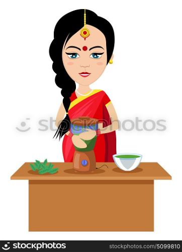 Indian woman making smoothie , illustration, vector on white background.